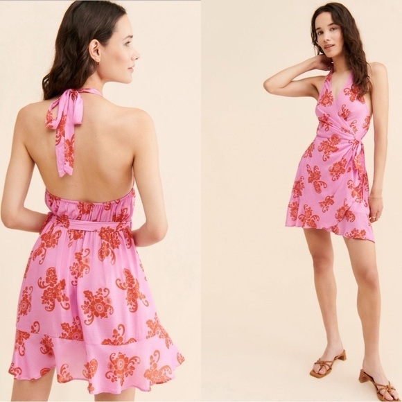 NWT ANTHROPOLOGIE Pink Floral Halter Mini Dress Sz L - Picture 1 of 7